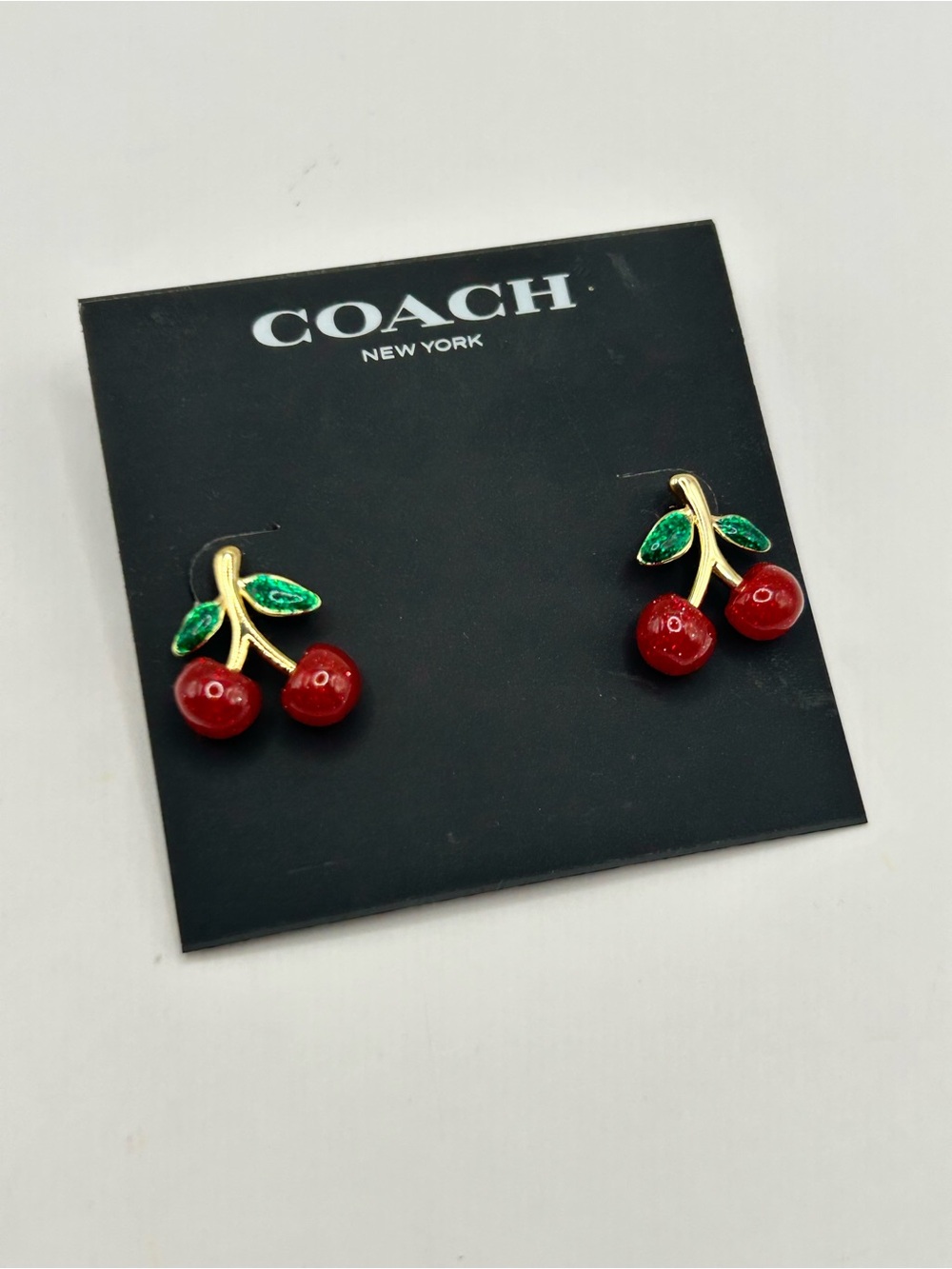COACH Blue Denim Bundle Signature Wristlet with Red Cherry Charm and Earrings - Picture 5 of 7